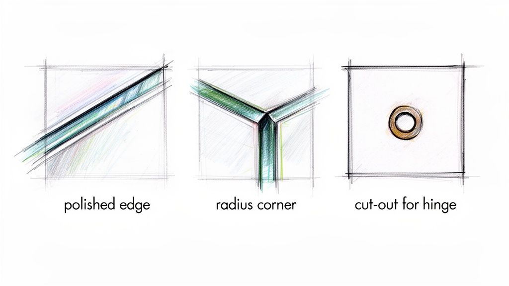 Three hand-drawn sketches illustrate different glass finishing options: polished edge, radius corner, and cut-out for a hinge.