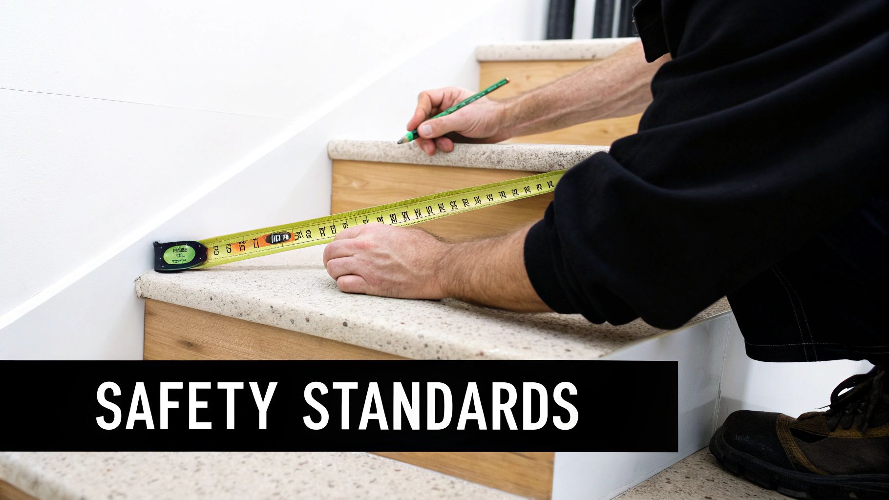 A person uses a tape measure and pencil to mark measurements on a light-colored staircase, focusing on safety standards.
