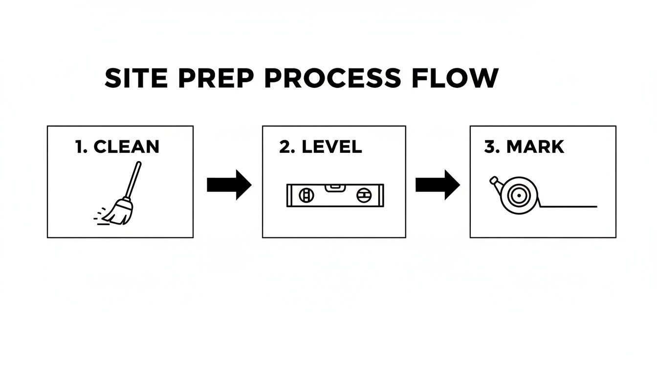 A site preparation process flow diagram illustrating three steps: clean, level, and mark.