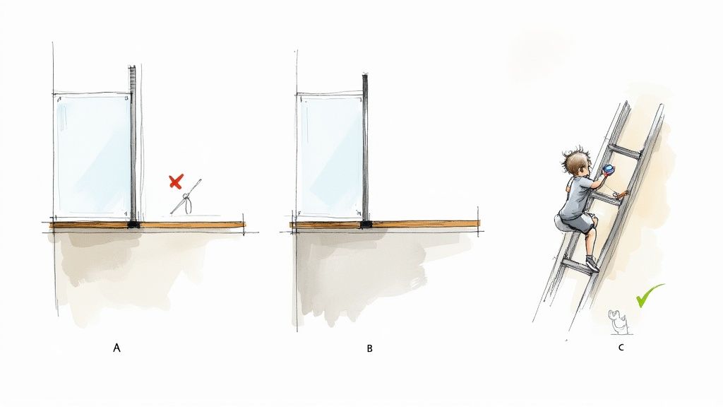 Illustration demonstrating glass balustrade safety, showing potential hazards and a child climbing a ladder.