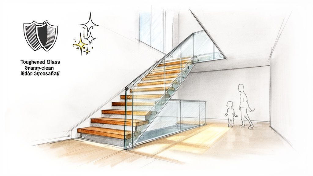 A modern architectural sketch of a floating wooden staircase with clear glass railings, featuring 'Toughened Glass' text and safety icons.