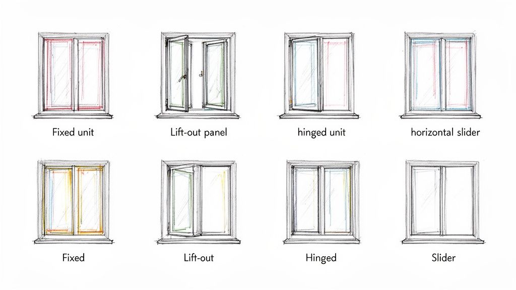 Sketches illustrating eight different window types: fixed, lift-out, hinged, and horizontal slider.