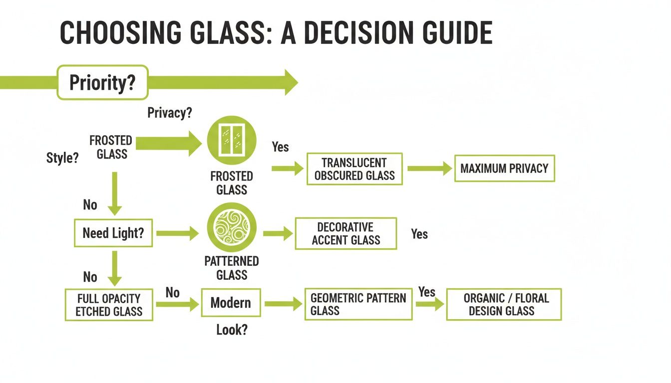 A decision guide flowchart helps users choose glass based on privacy, light, and style preferences.