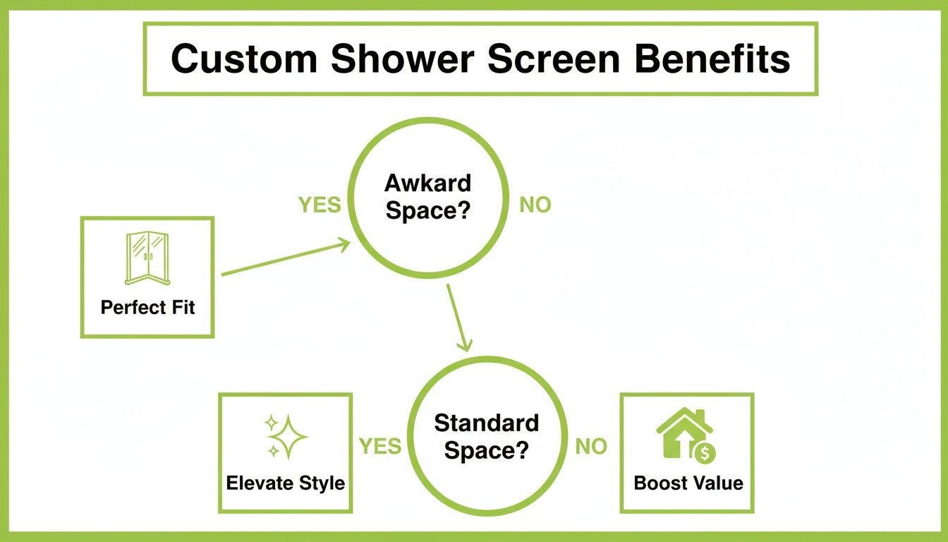 Flowchart showing custom shower screen benefits: perfect fit for awkward spaces, and elevated style or boosted value for standard spaces.