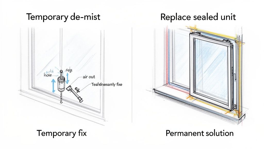 Diagram illustrating a temporary de-misting hole drill and a permanent replacement of a sealed window unit.