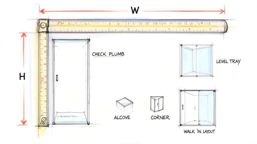 Technical sketch showing shower enclosure measurements (width W, height H) and different layout types.