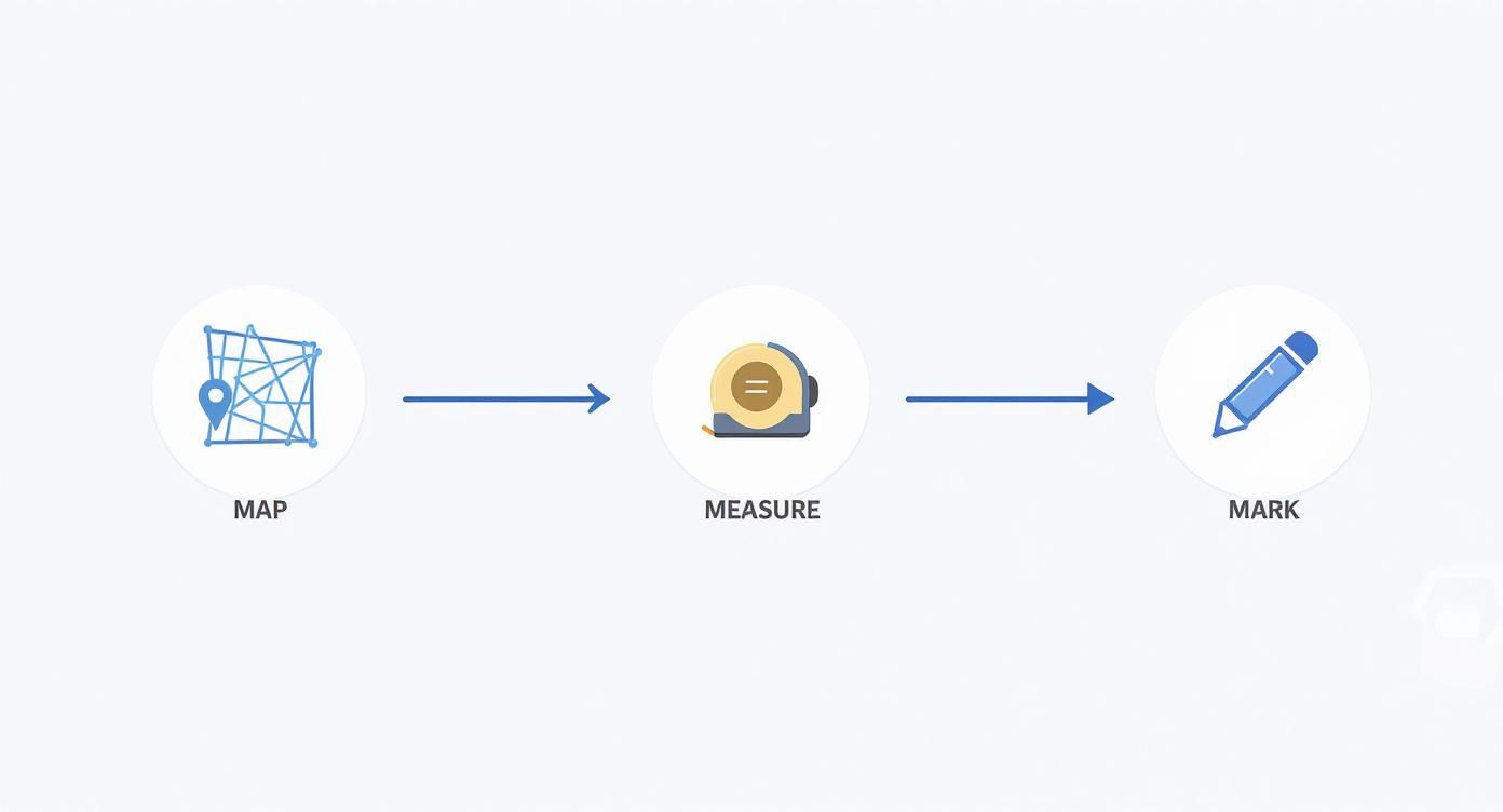 A sequential infographic showing icons for map, measure, and mark, connected by blue arrows, illustrating a process.