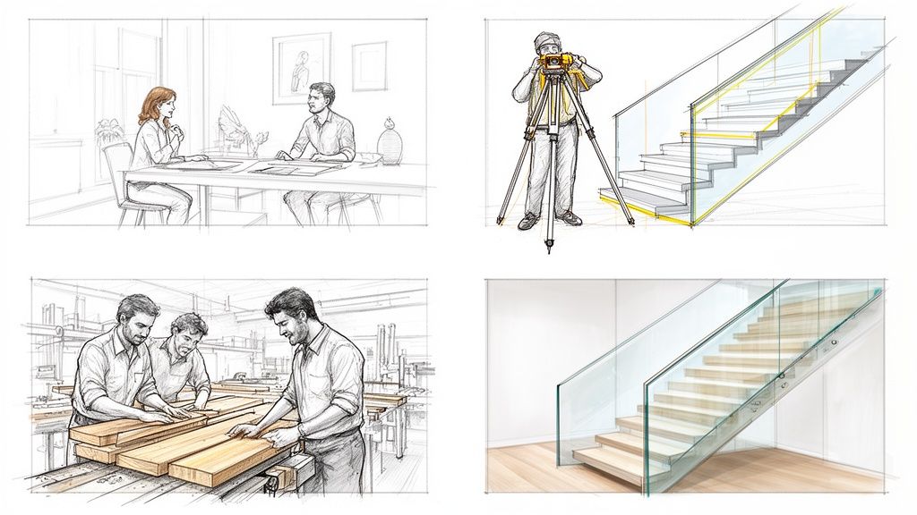 Sketches illustrating the design, measurement, construction, and final installation of a glass and wooden staircase.