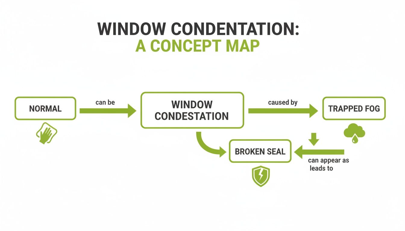 A concept map illustrating window condensation, showing causes like trapped fog and effects like broken seals.