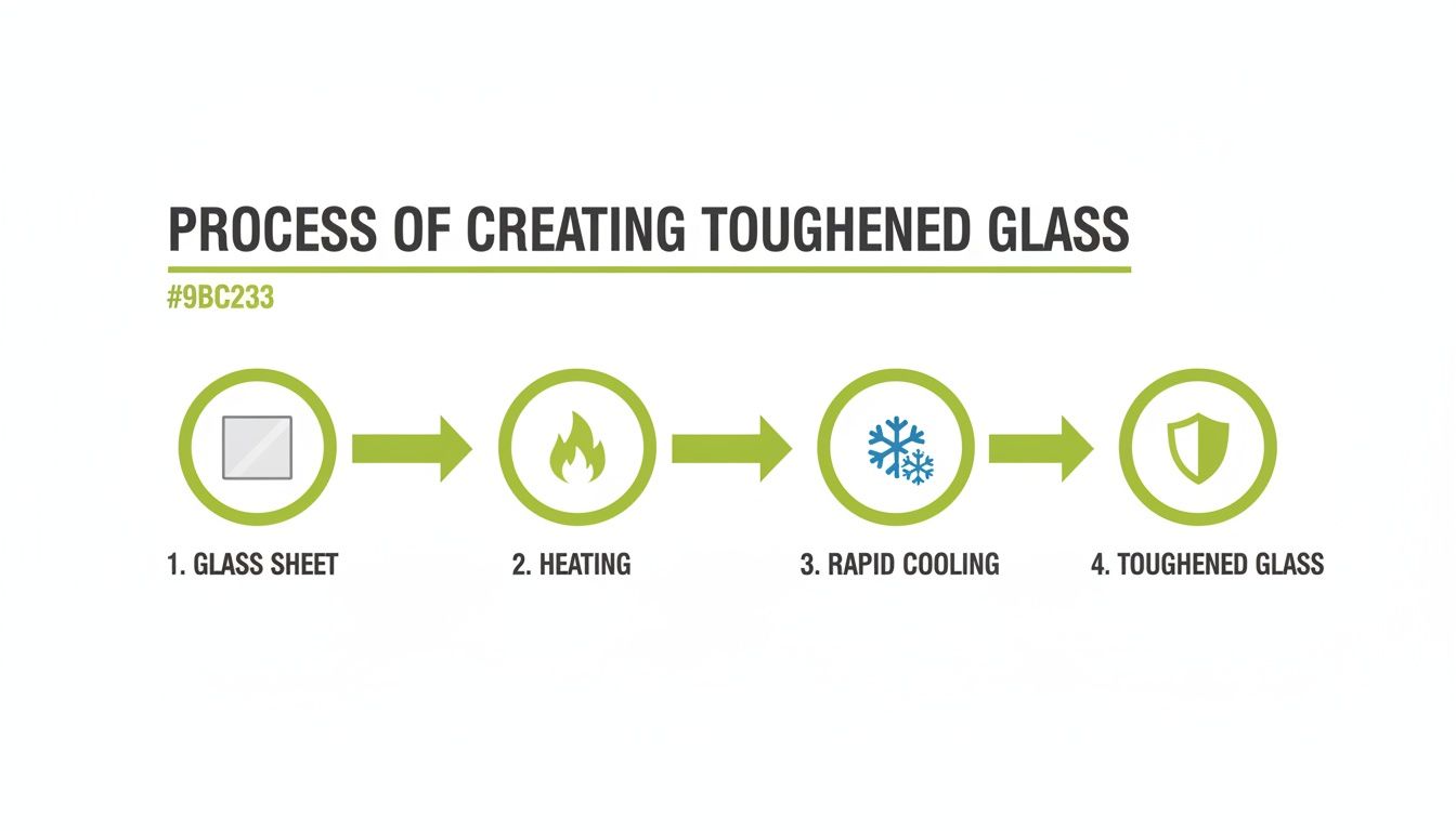 Infographic illustrating the four-step process of creating toughened glass through heating and rapid cooling.