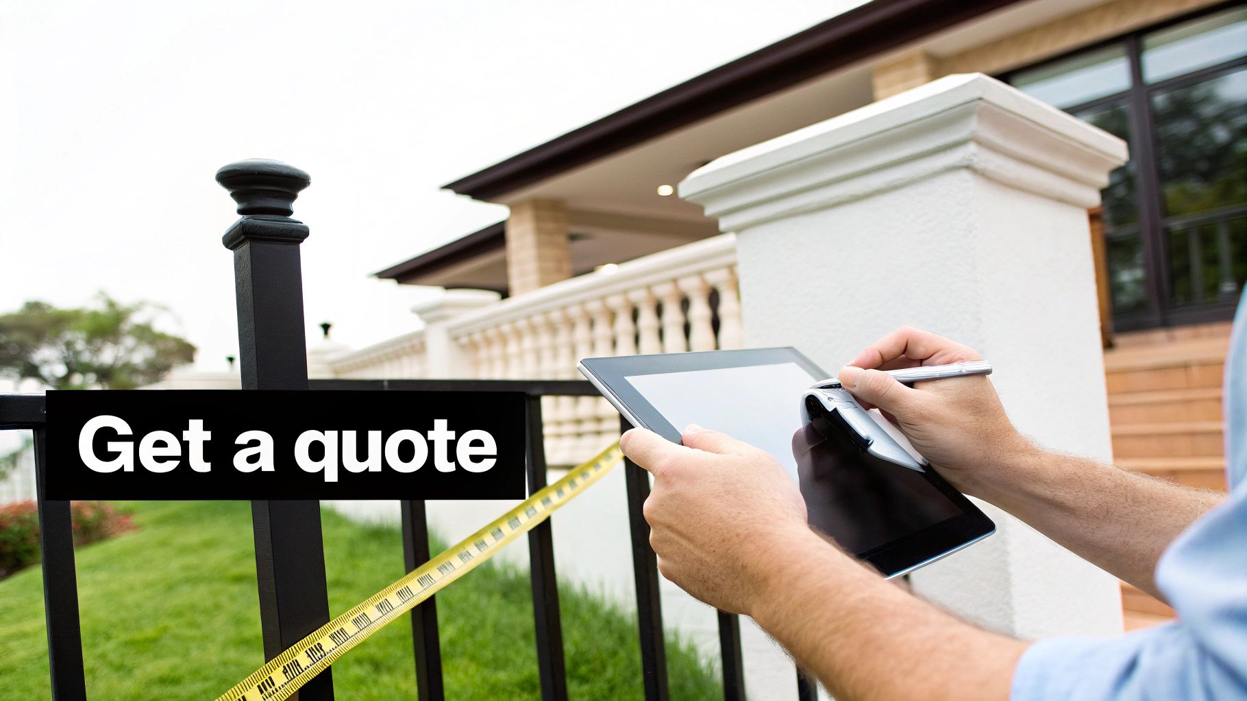 A person measures a black fence with a tape measure, using a tablet to calculate a quote.
