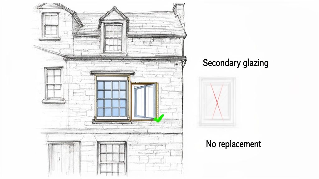 Architectural illustration comparing secondary glazing for a building's windows, shown with a green checkmark, and no replacement options.