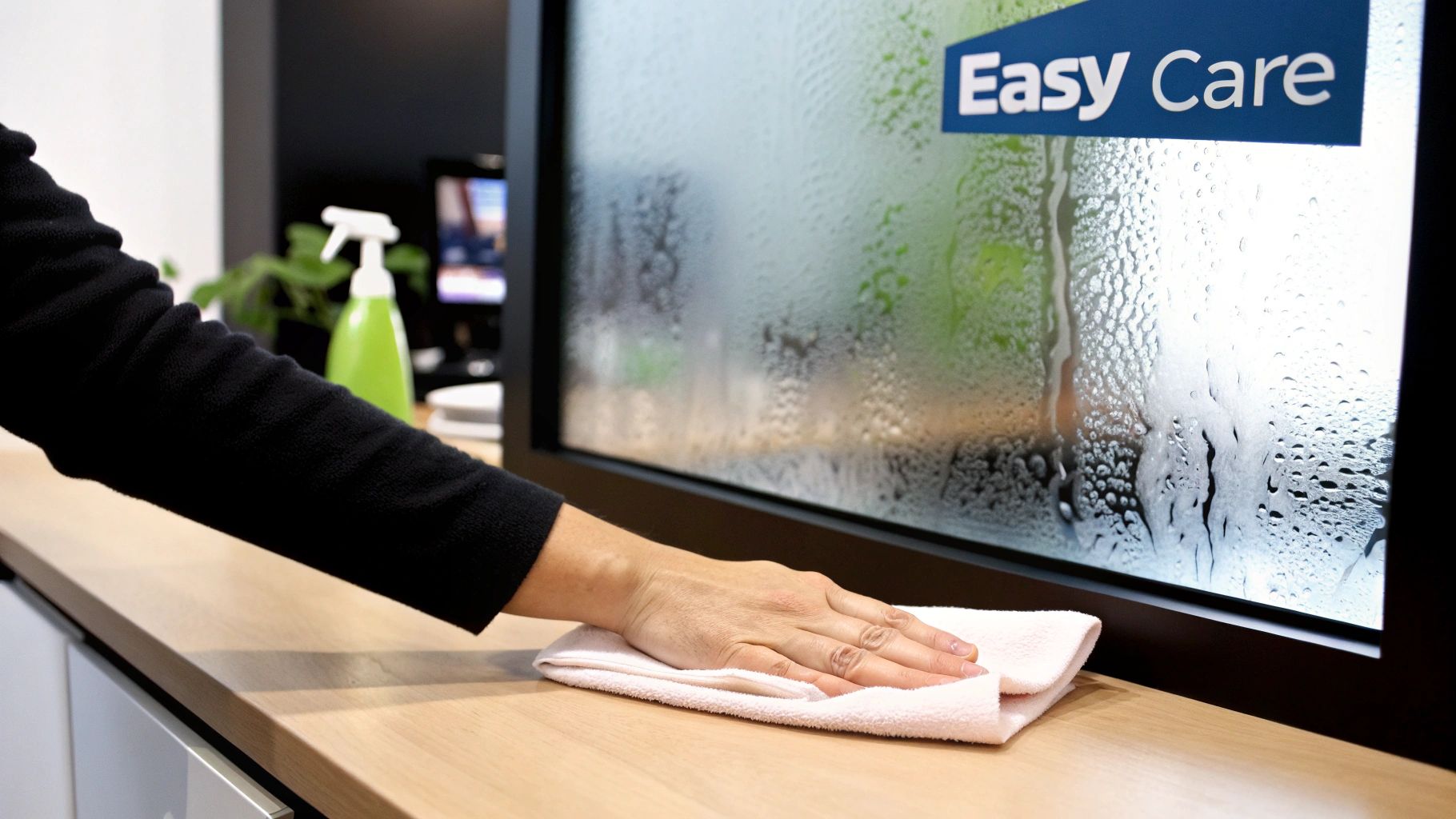 A hand wipes a wooden surface with a white cloth, next to a window with condensation and an 'Easy Care' sign.