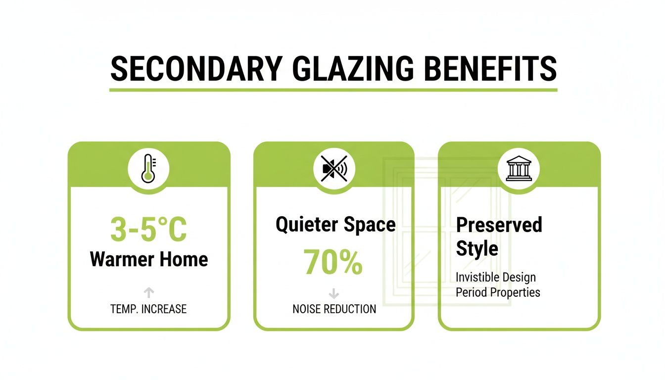 Infographic detailing secondary glazing benefits: warmer home, quieter space (70% noise reduction), and preserved style.