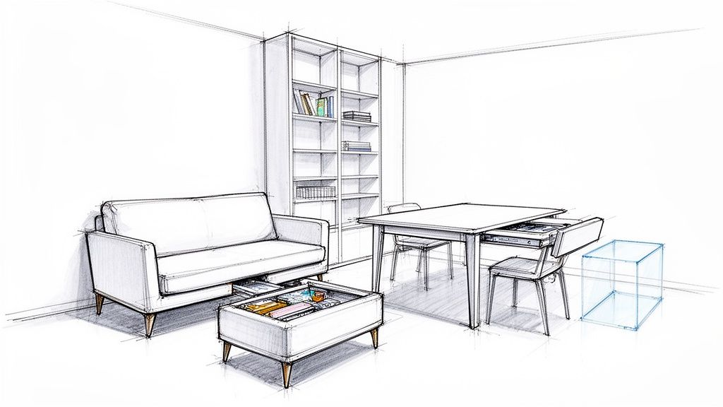 A perspective sketch of a modern room layout with a sofa, coffee table, bookshelf, and dining set.