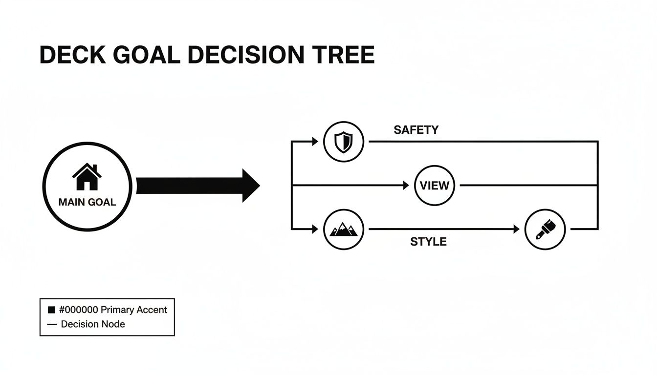 A deck goal decision tree diagram shows main goals branching into safety, view, and style options.