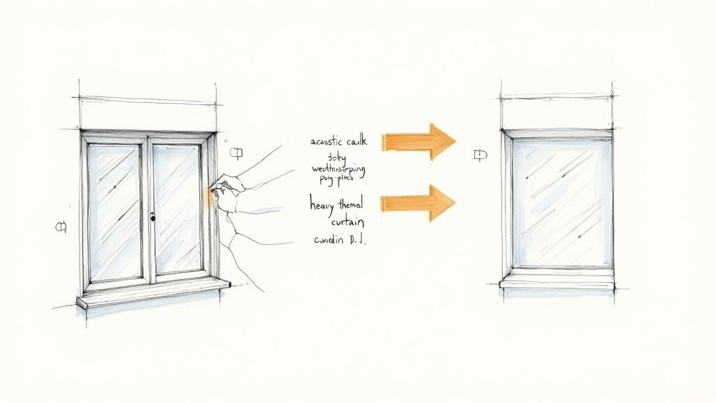 Hand-drawn diagram detailing window sealing methods using caulk, weatherstripping, and curtains for insulation.