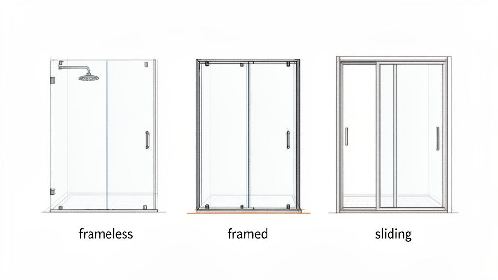 Three line drawings illustrating different shower screen types: frameless, framed, and sliding enclosures.