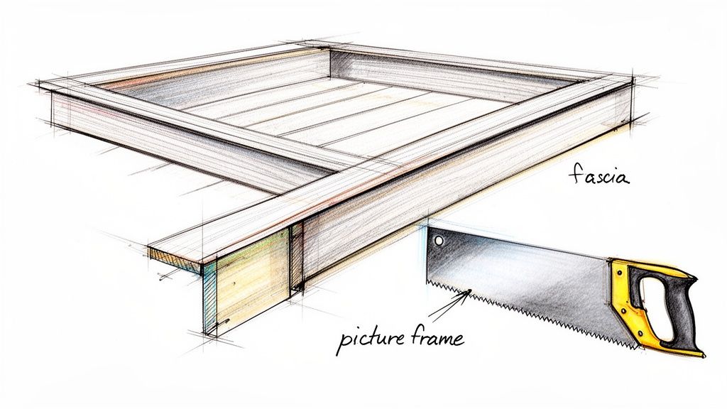 Detailed hand-drawn illustration showing the attachment of a fascia board to a wooden frame structure, with a saw nearby.