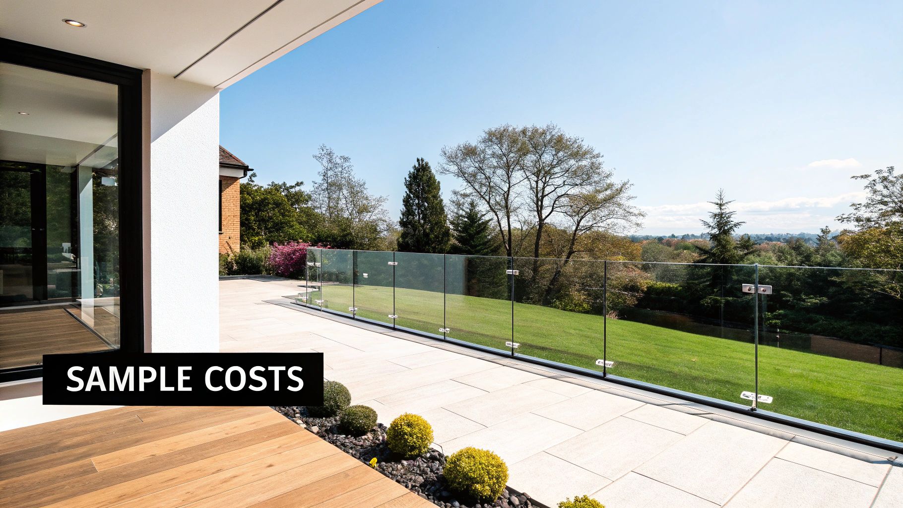 Modern patio featuring a sleek glass balustrade, wooden deck, and light tiles, overlooking a green garden and trees.