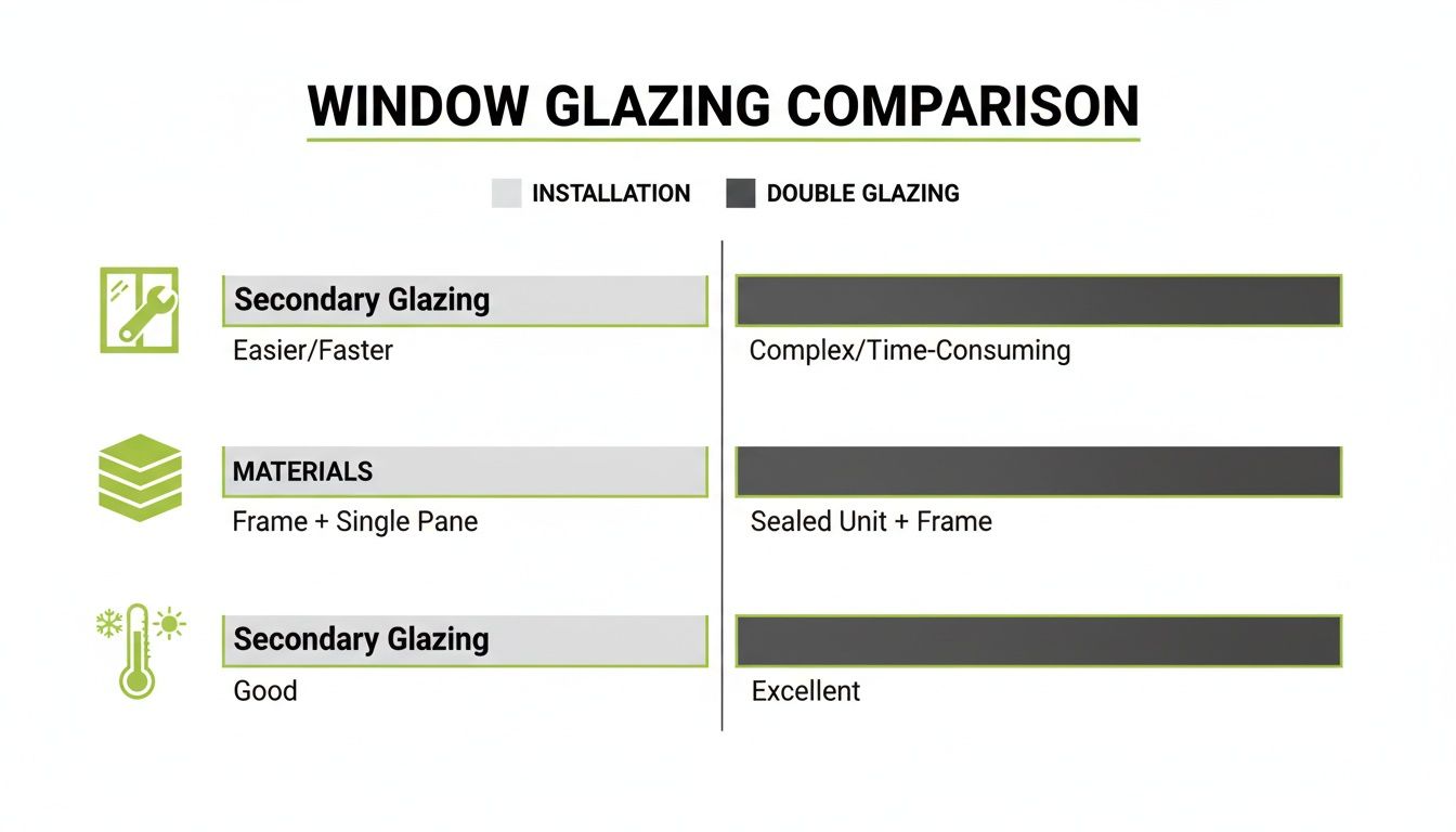 Infographic comparing secondary glazing and double glazing installation, materials, and insulation benefits.