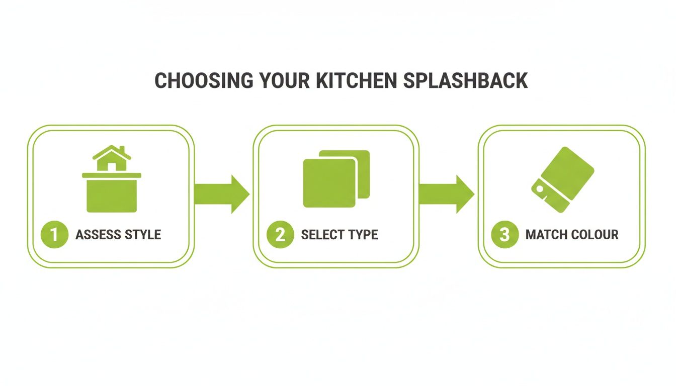 A visual guide outlining three steps to choosing your kitchen splashback: assess style, select type, and match colour.