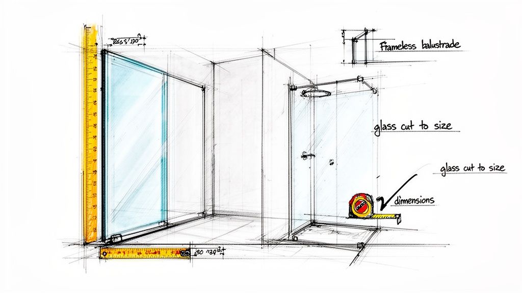 Technical sketch of a glass shower enclosure with rulers, tape measure, and annotations for custom sizing.