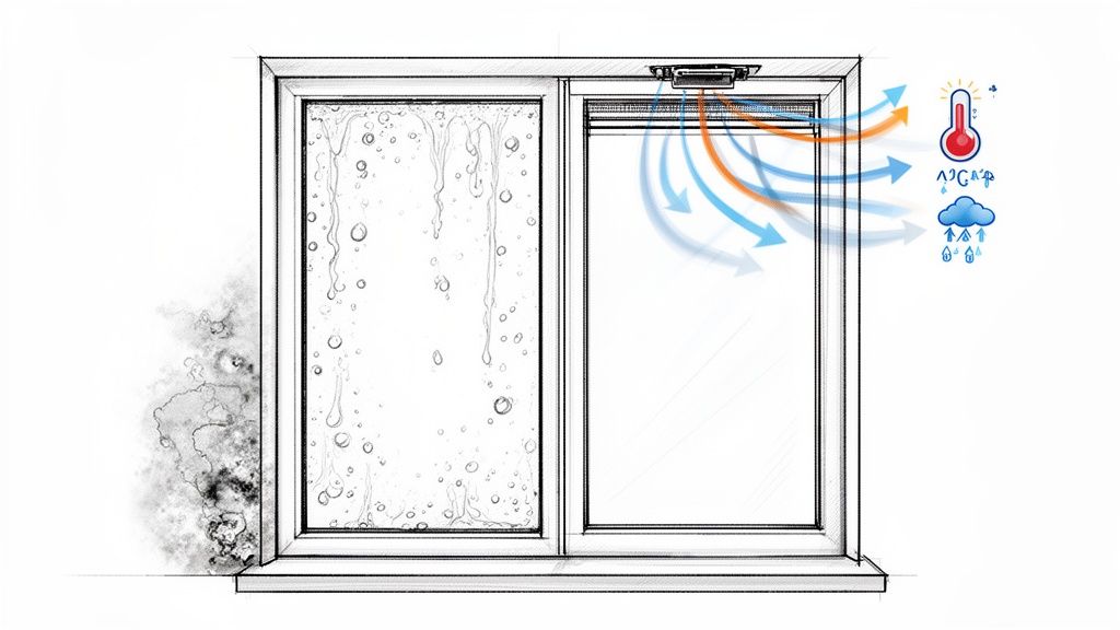 Illustration of a double-glazed window showing condensation, mold, and an active ventilation system managing humidity.