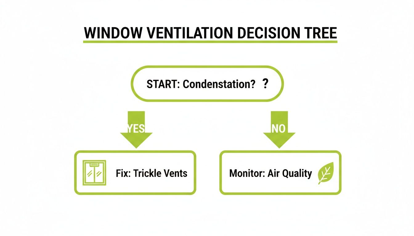 A window ventilation decision tree flowchart outlining actions for condensation and air quality monitoring.