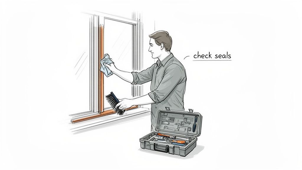 A man inspecting and cleaning window seals with a cloth and brush, with an open toolbox nearby.