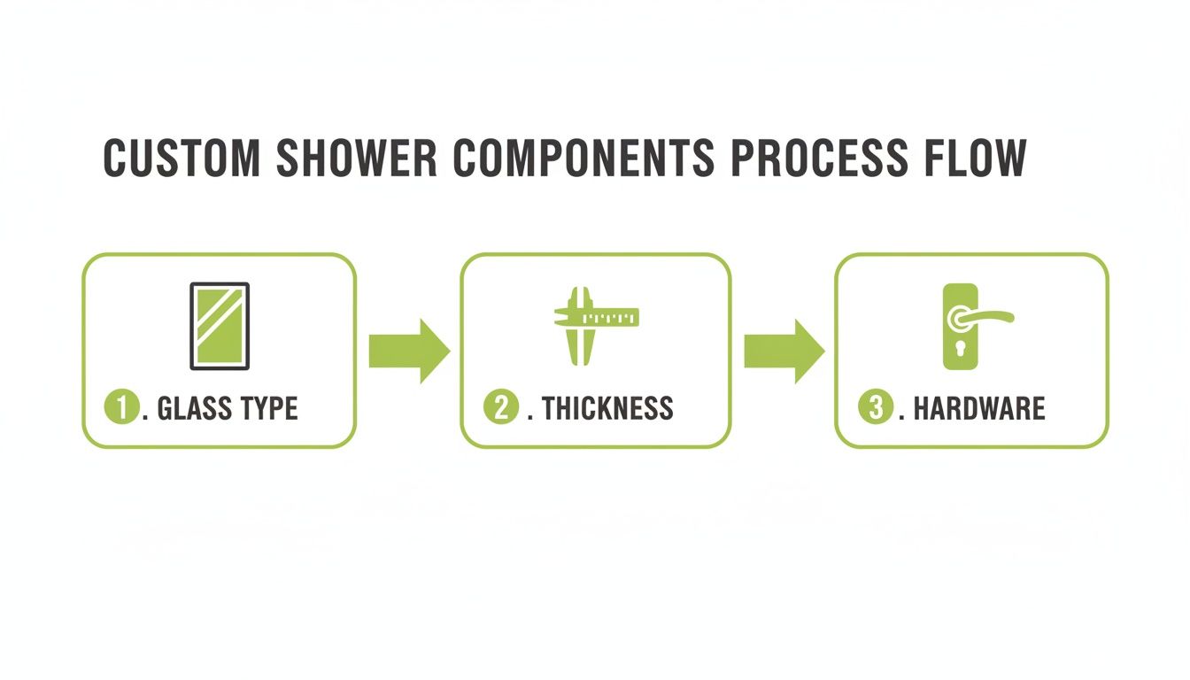 Visual process flow for custom shower components, detailing steps for glass type, thickness, and hardware selection.