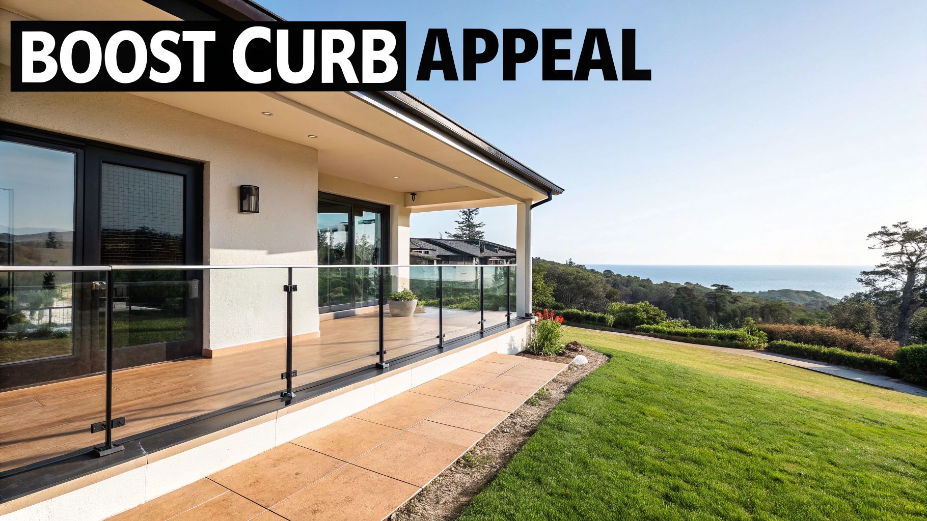 A modern house with a glass-railed balcony overlooking a lush lawn and scenic ocean view.