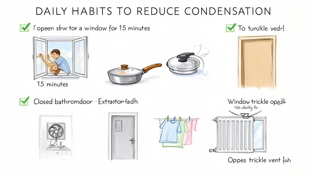 Illustration showing daily habits to reduce condensation: open windows, use pan lids, close bathroom doors, use extractor fans, dry clothes outside, and open window trickle vents.