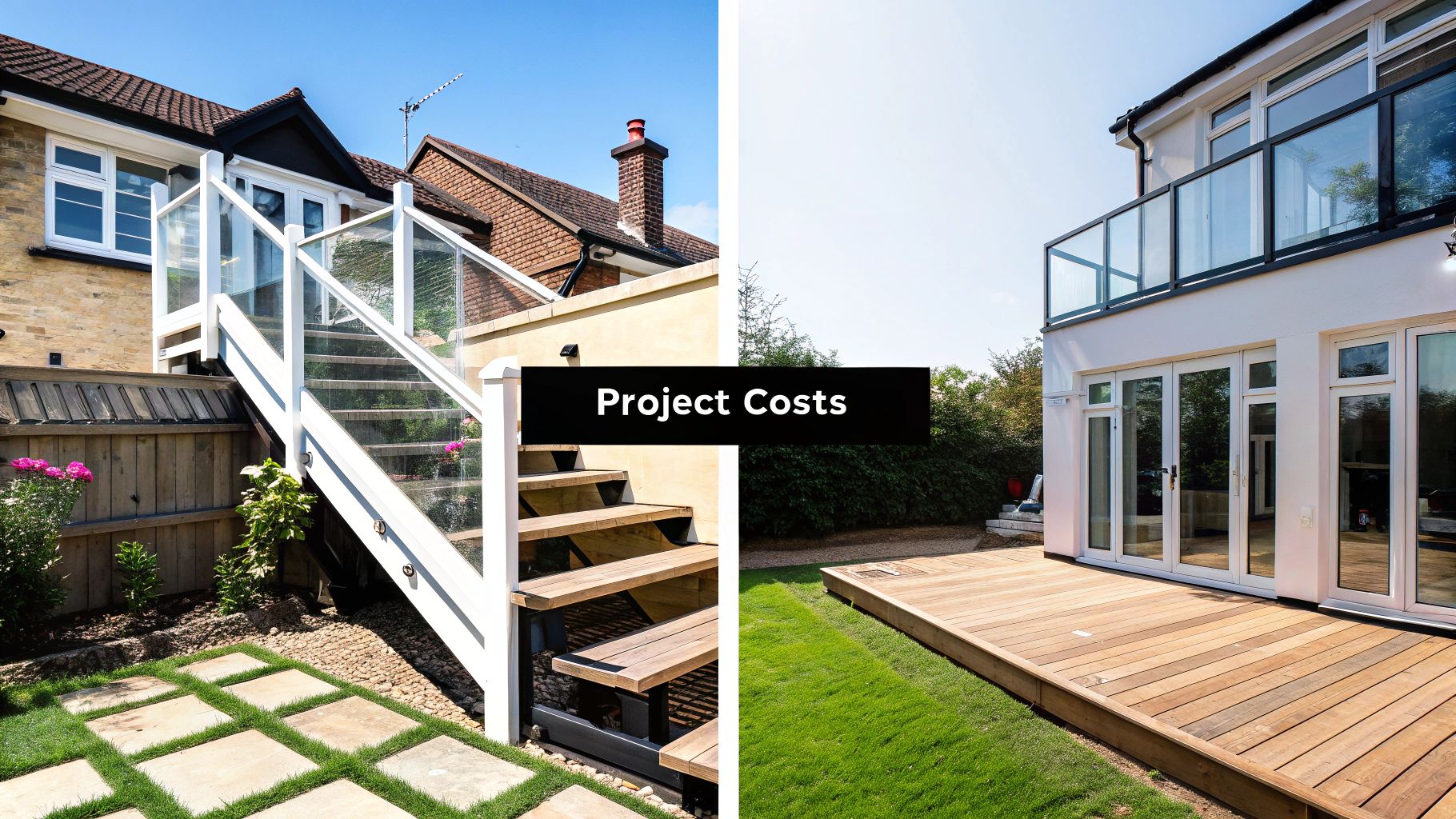 Exterior views of two homes, one with a glass balustrade staircase, the other with a glass balcony and wooden deck.