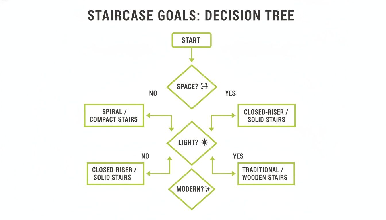 A decision tree flowchart for staircase design, guiding choices based on space, light, and modern aesthetic.