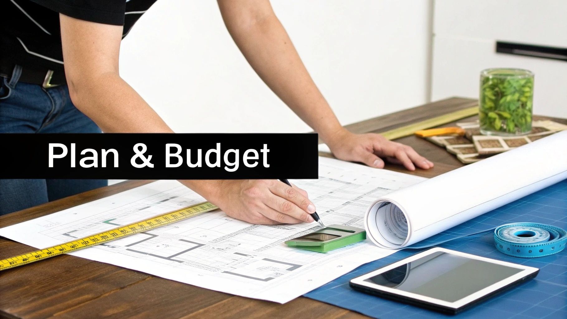 A person works on blueprints with a ruler, calculator, and tablet, planning and budgeting a construction project.