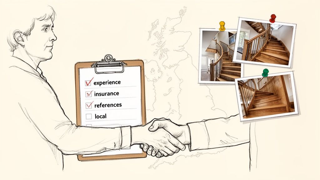 A sketch showing a handshake, a contractor checklist, and images of wooden stairs, with a UK map.