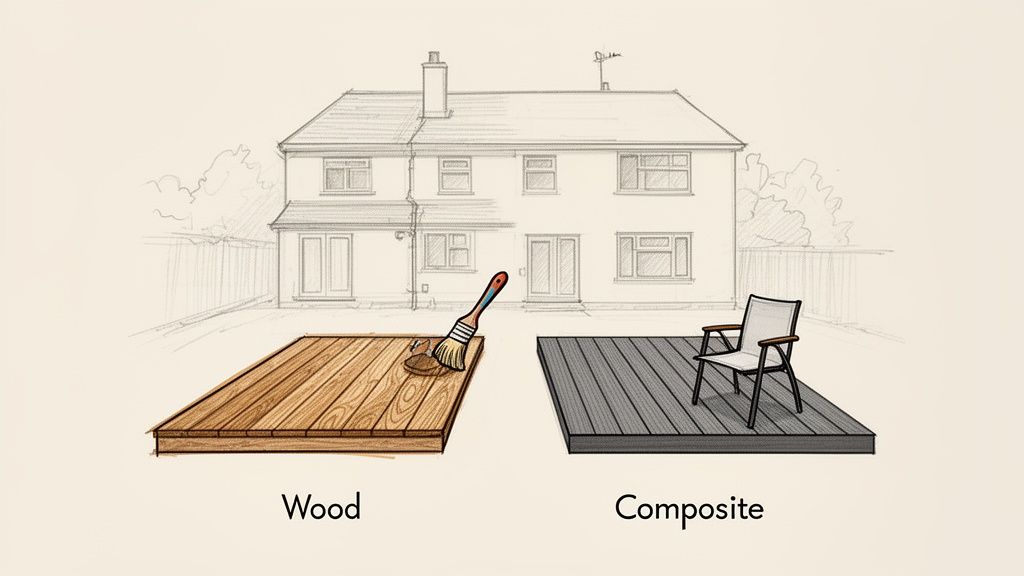 Illustration comparing wood and composite decking in front of a house, highlighting maintenance.