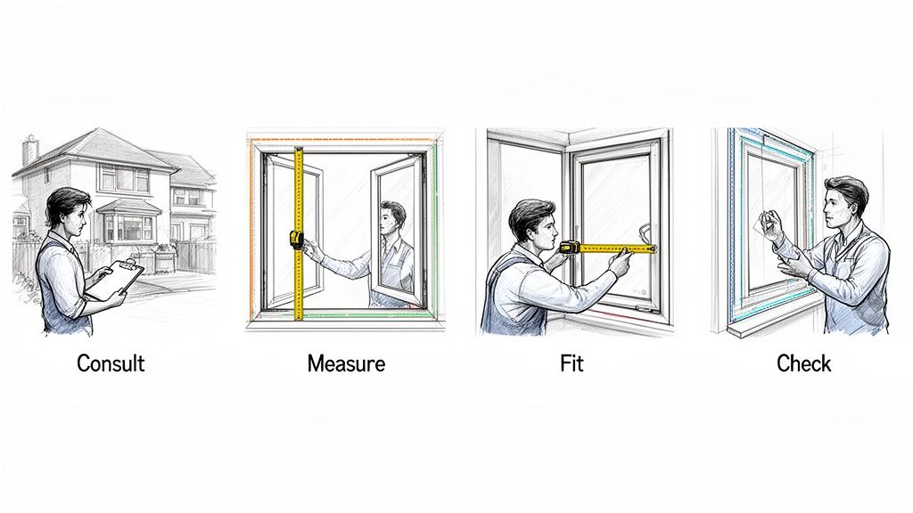 Four steps illustrated: consultation, window measurement, fitting, and final check by a technician.