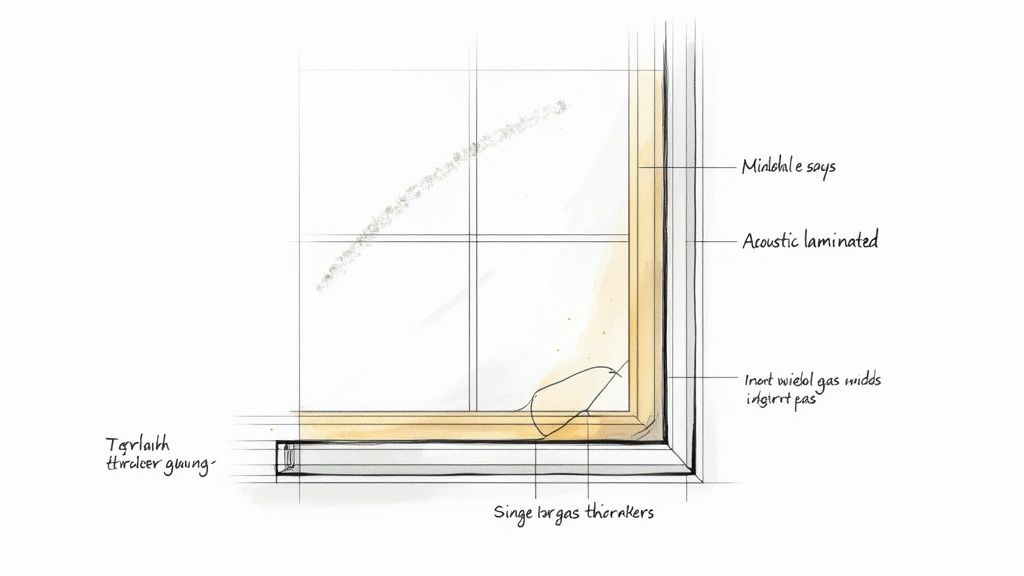 A detailed cross-section diagram of a window frame illustrating acoustic lamination and inert gas insulation layers for noise reduction.