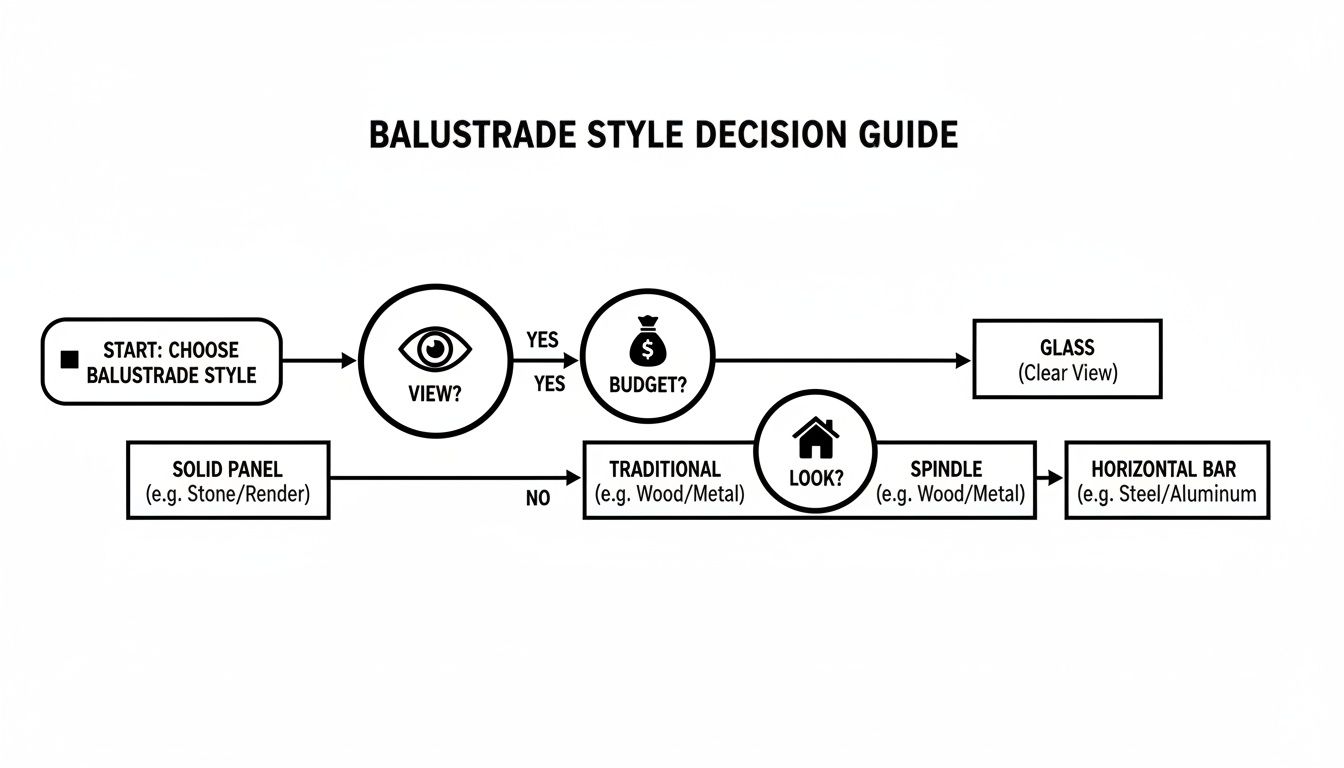 Flowchart for balustrade style decision guide, outlining choices like solid panel, glass, traditional, spindle, or horizontal bar.