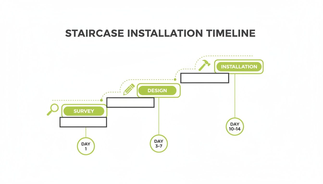 A staircase installation timeline infographic illustrating the survey, design, and installation phases with corresponding day ranges.