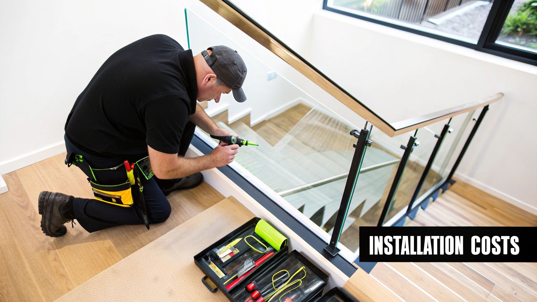 A professional installer works on a modern glass balustrade on wooden stairs, illustrating installation costs.