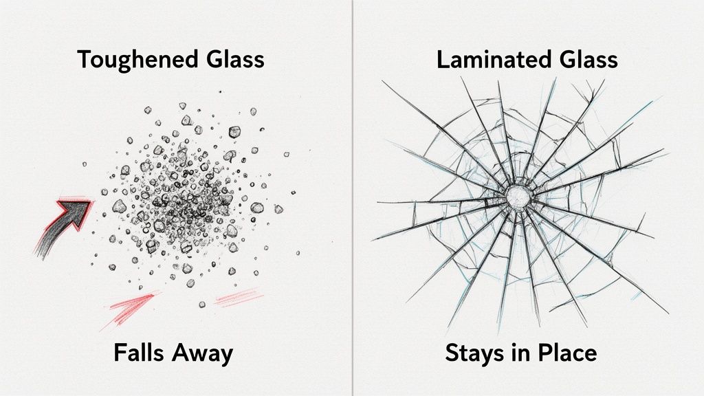 Toughened glass shatters into small pieces that fall away; laminated glass cracks but stays in place.