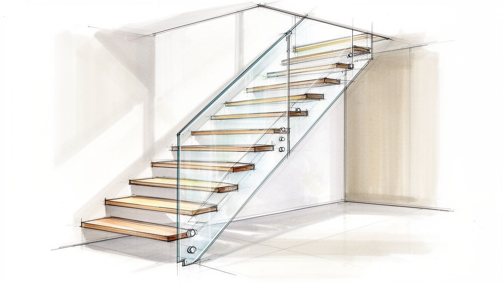 Architectural sketch of a modern open staircase with wooden treads and sleek glass railings.