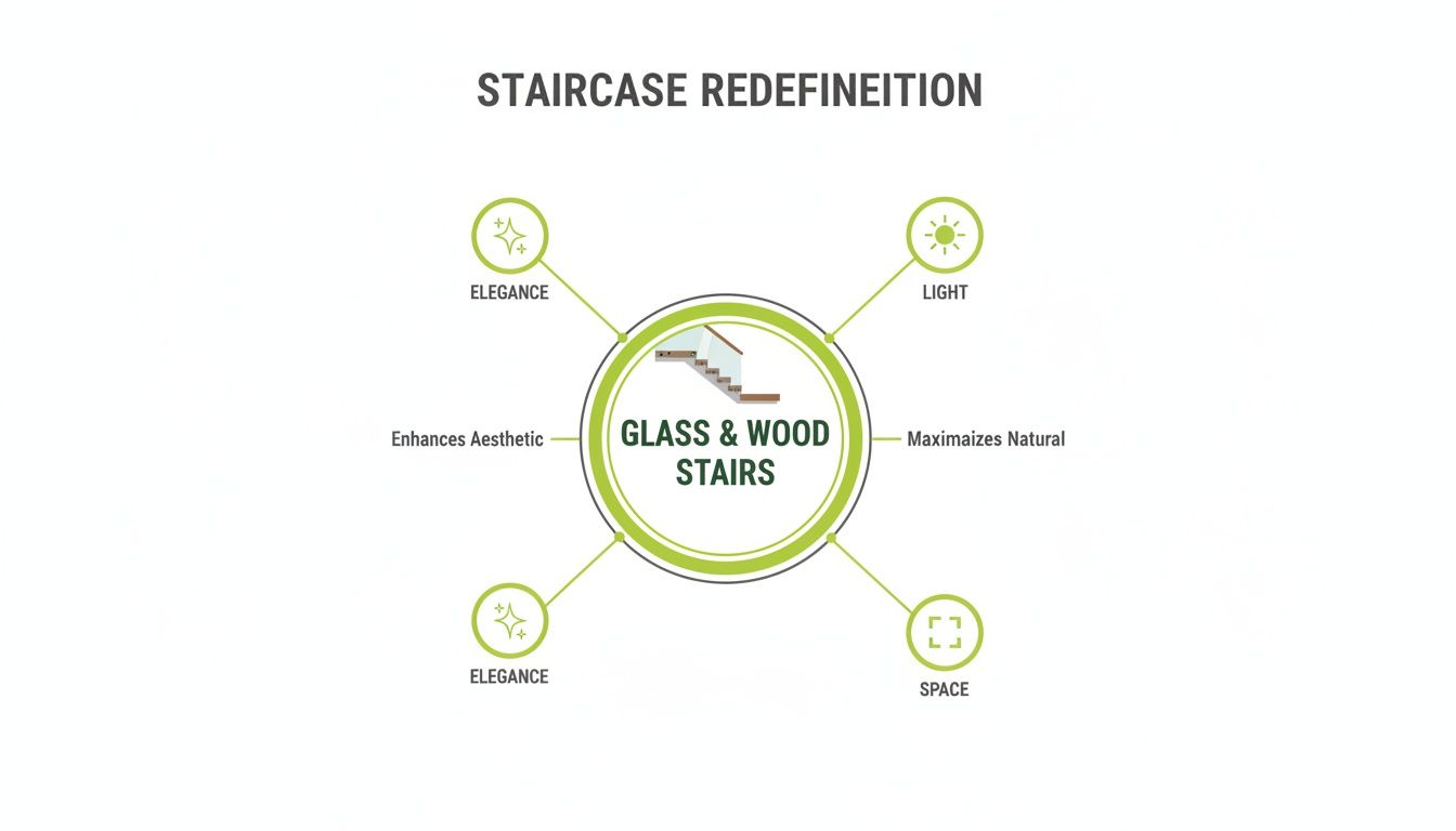 Infographic highlighting the benefits of glass and wood stairs: elegance, light, aesthetics, and space.