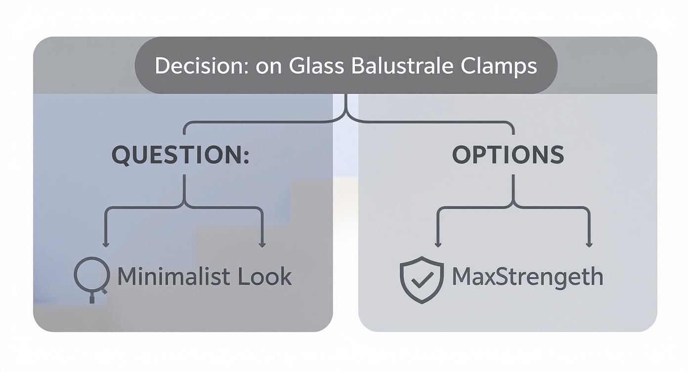 Flowchart illustrating decisions for glass balustrade clamps, considering minimalist aesthetic and maximum strength options.