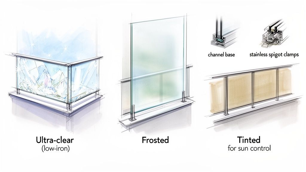 Illustrations showcase ultra-clear, frosted, and tinted glass balcony panels with channel base and spigot clamp hardware options.
