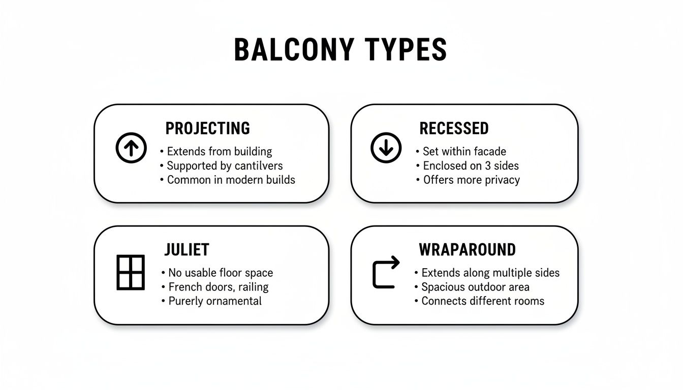 An infographic illustrating four balcony types: Projecting, Recessed, Juliet, and Wraparound, with key characteristics.