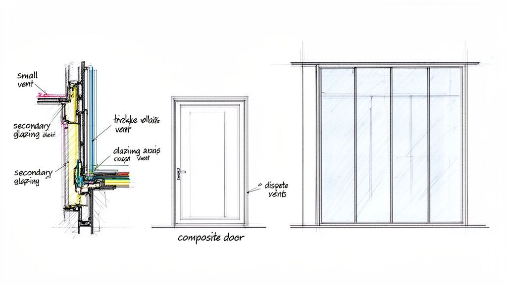 Architectural drawings detailing a window cross-section, a composite door, and a glazed facade, showing various vents and glazing.